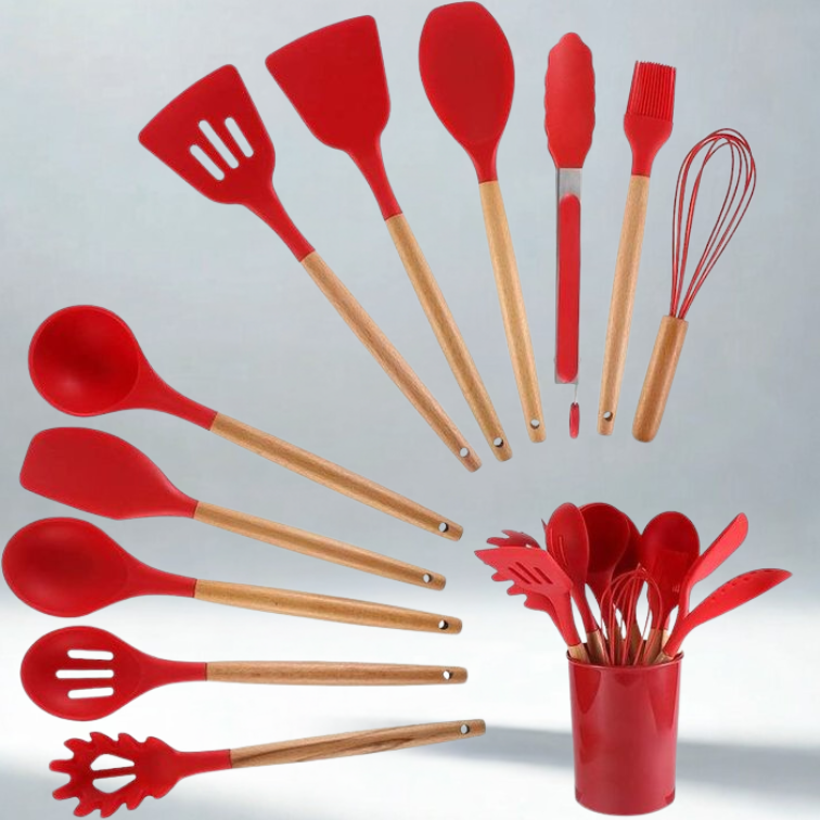 Premium Silicone Kitchen Utensil Set with Wooden Handles - Heat Resistant & Non-Toxic - 12 Pieces