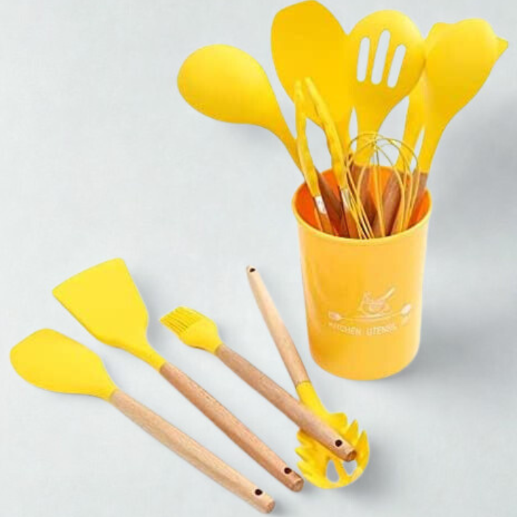 Premium Silicone Kitchen Utensil Set with Wooden Handles - Heat Resistant & Non-Toxic - 12 Pieces