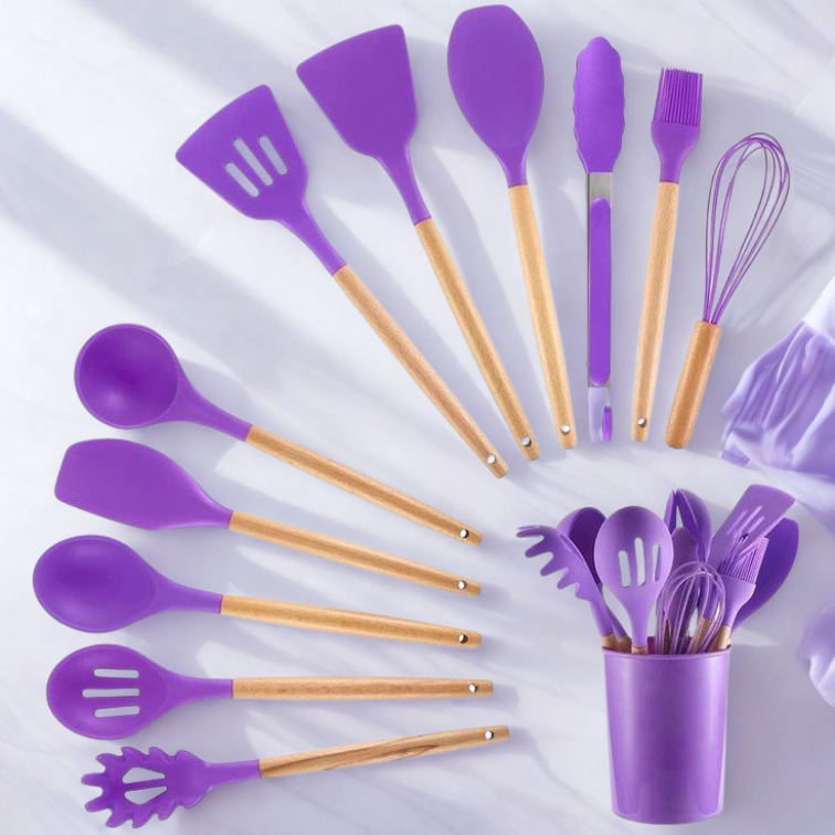 Premium Silicone Kitchen Utensil Set with Wooden Handles - Heat Resistant & Non-Toxic - 12 Pieces