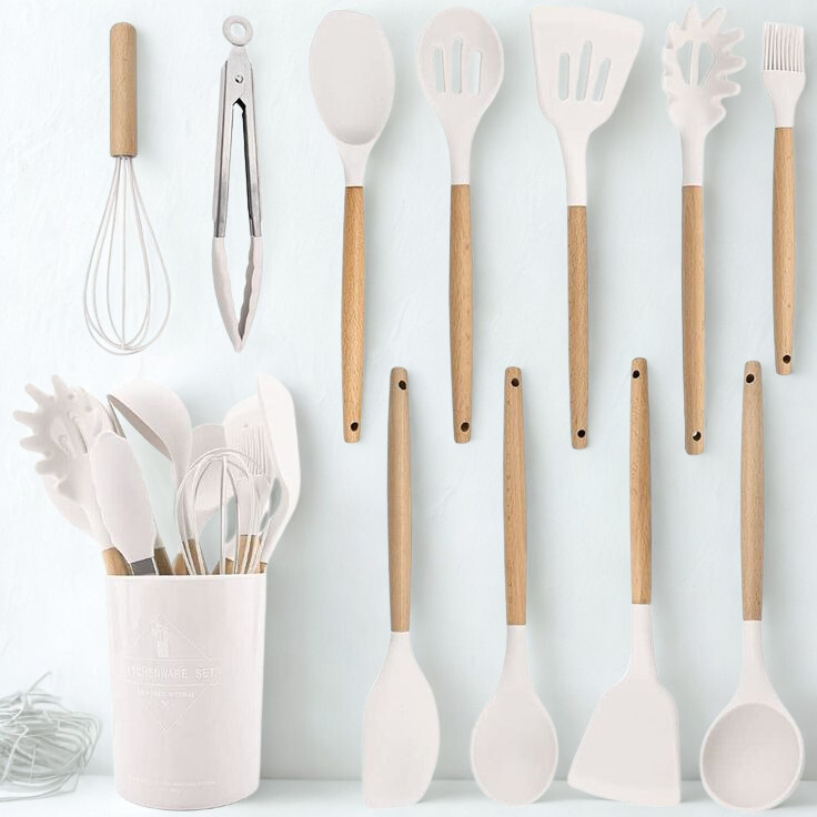 Premium Silicone Kitchen Utensil Set with Wooden Handles - Heat Resistant & Non-Toxic - 12 Pieces