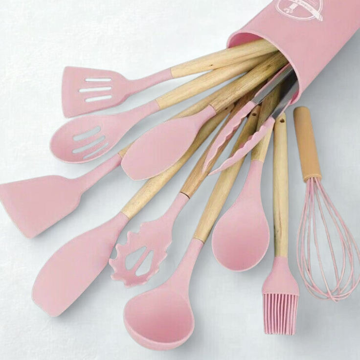 Premium Silicone Kitchen Utensil Set with Wooden Handles - Heat Resistant & Non-Toxic - 12 Pieces