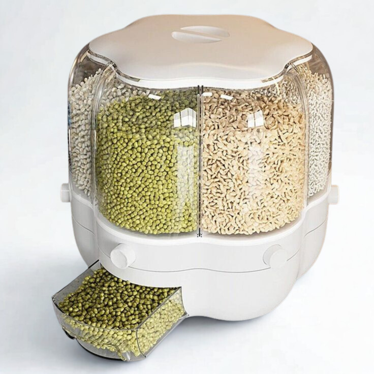 6-Grid 360 Rotating Grain / Rice Dispenser | Flower Shape Cereal Dispenser | Multi-Grid Dry Food Storage Container