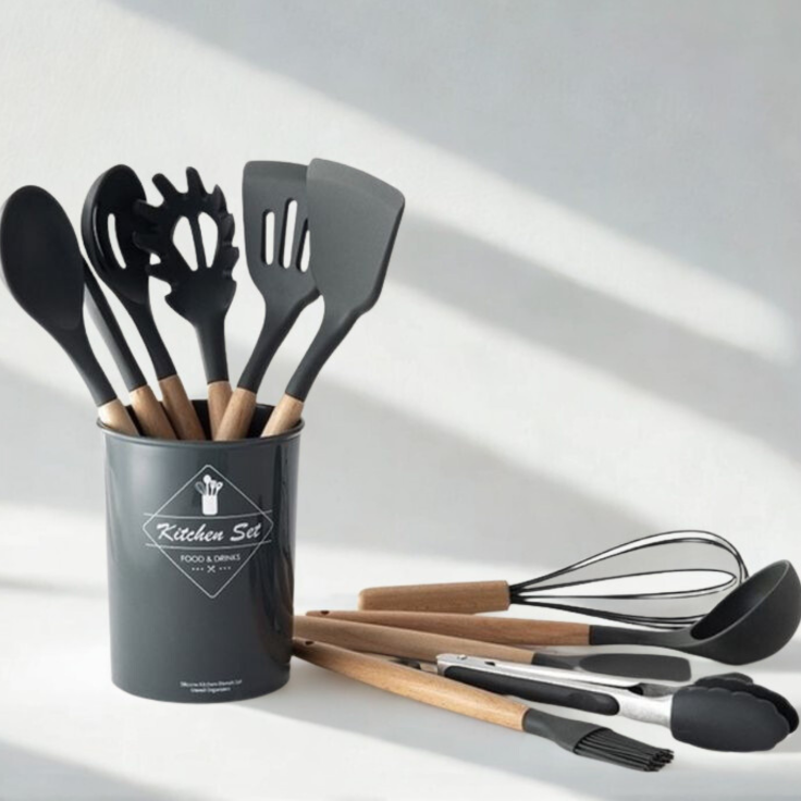 Premium Silicone Kitchen Utensil Set with Wooden Handles - Heat Resistant & Non-Toxic - 12 Pieces