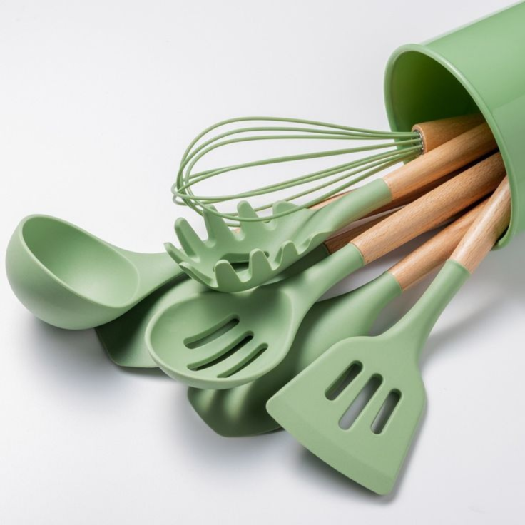 Premium Silicone Kitchen Utensil Set with Wooden Handles - Heat Resistant & Non-Toxic - 12 Pieces